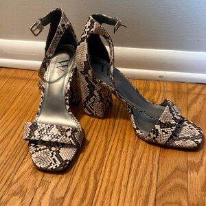 W by Worth Snake-Print Ankle-Strap Block Heels in Beige and Black